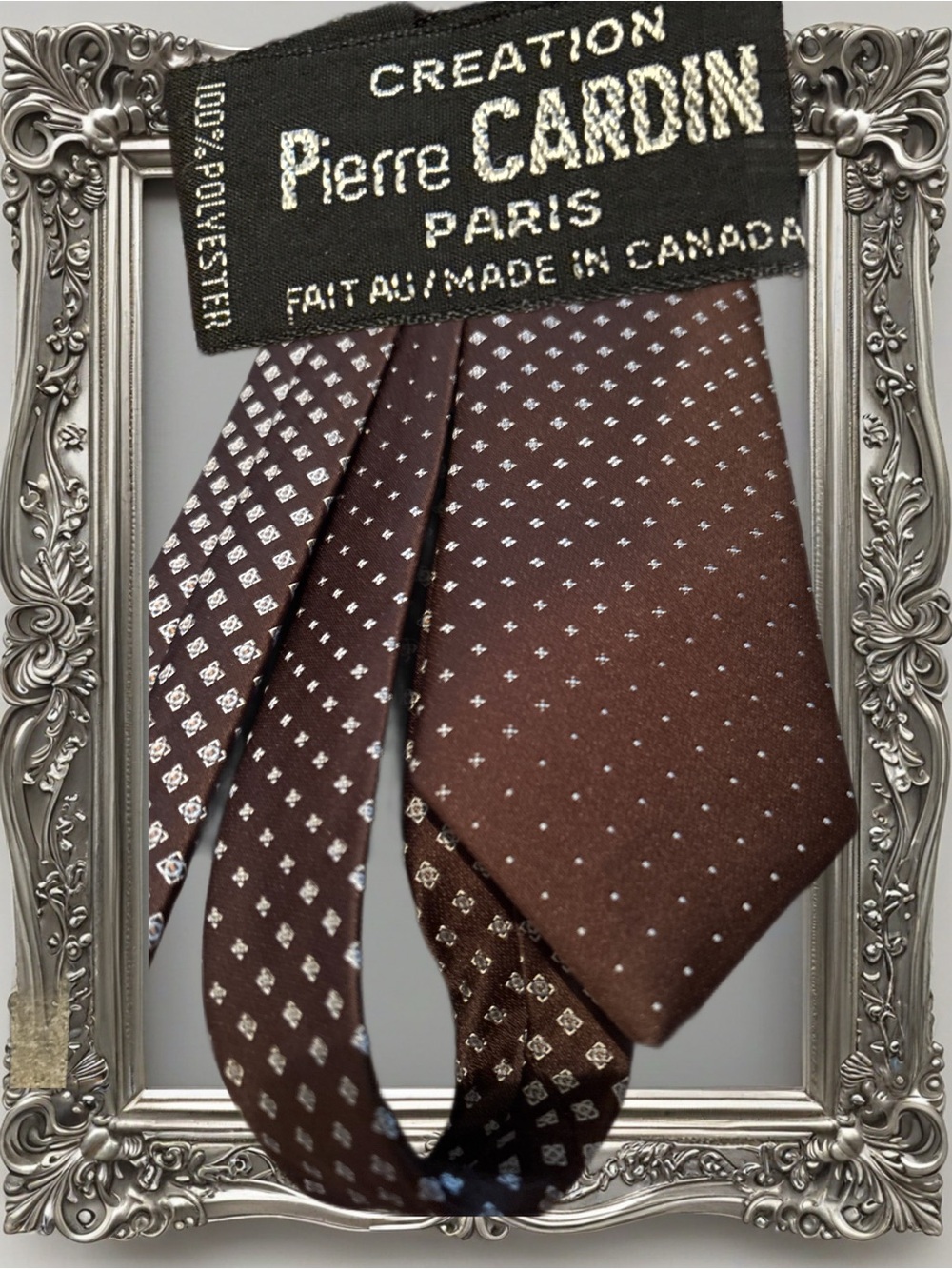 Vintage Pierre Cardin Brown Silk Tie with Silver Dot & Diamond Motifs